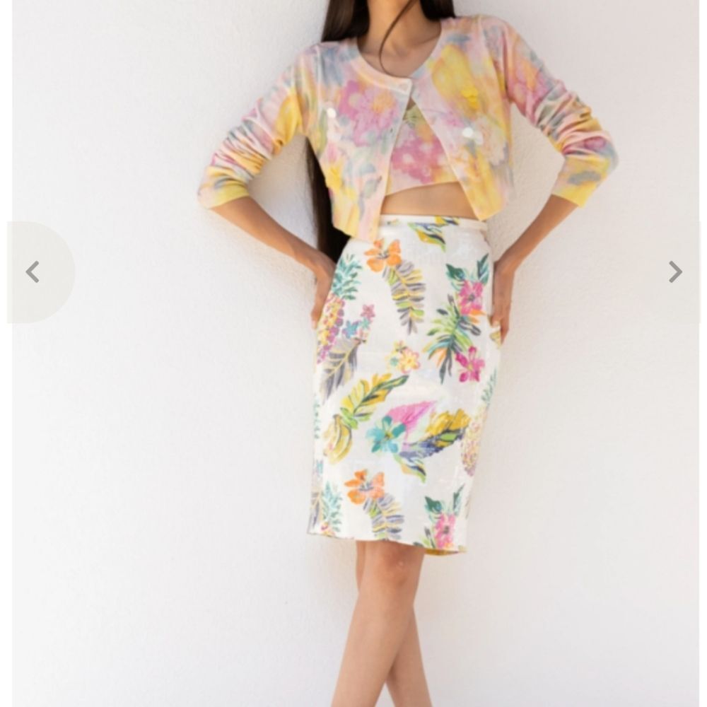 Le Superbe Supershine Sequin Tropical Print Pencil Skirt Women's Size 6 Hawaiian